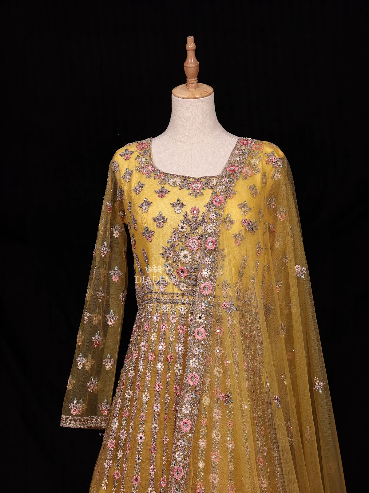 Yellow Net Gown Adorned With Embroidery And Stone Floral Design And With Dupatta