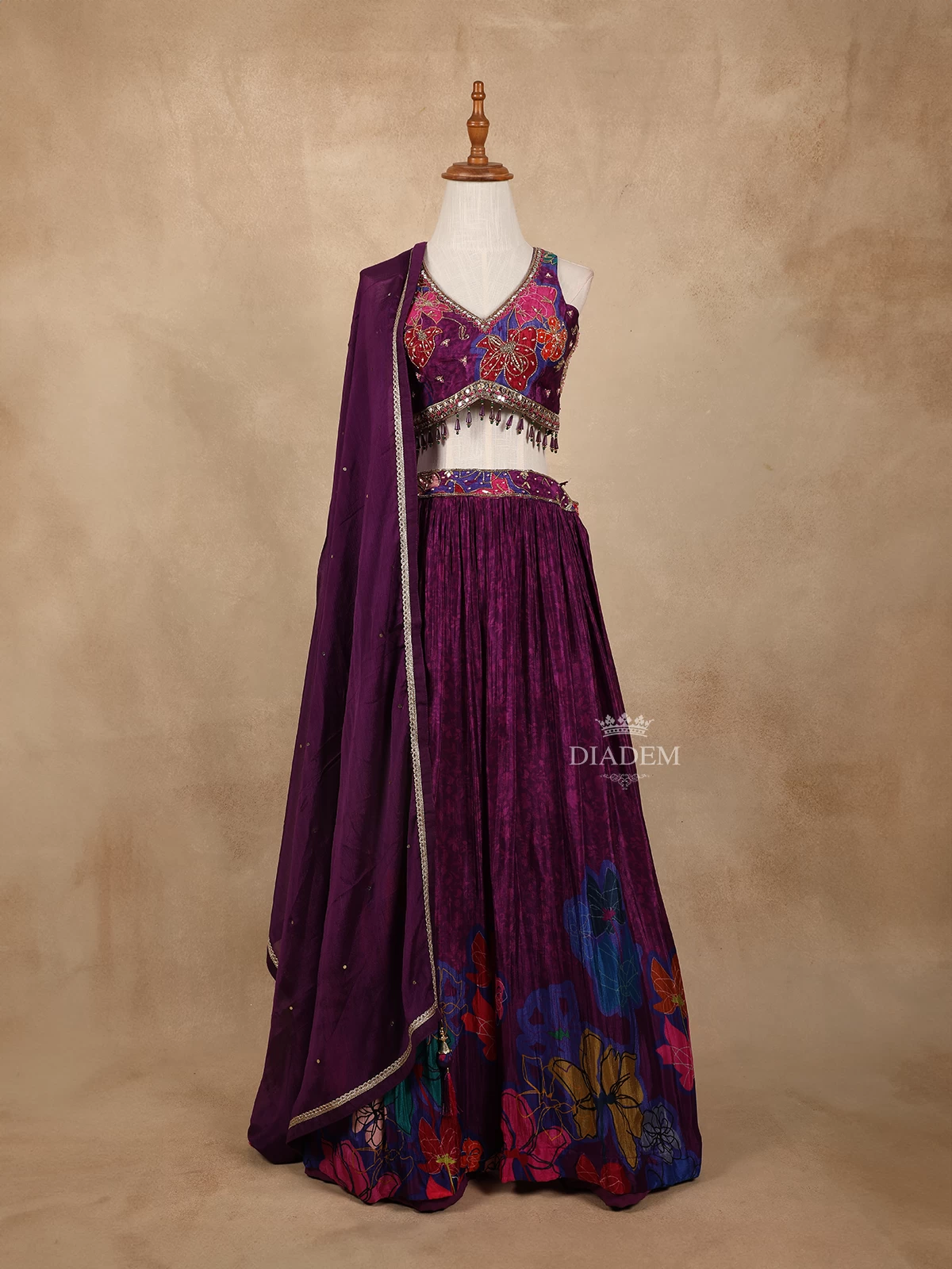 Dark Purple Lehenga Adorned With Sequins And Mirror With Floral Design With Dupatta