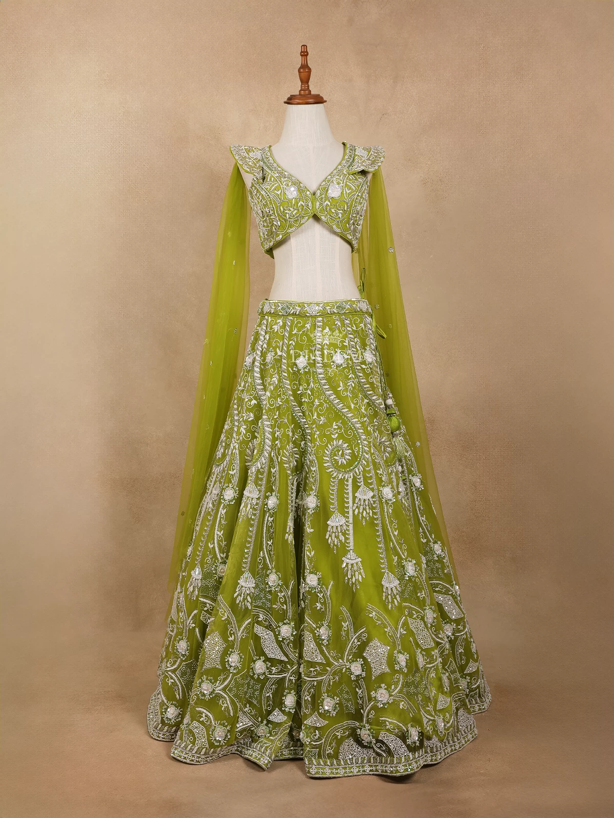 Green Lehenga Adorned With Sequins And Beads With 3d Flower Design With Dupatta