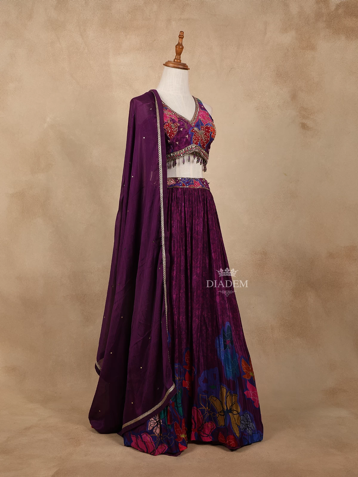 Dark Purple Lehenga Adorned With Sequins And Mirror With Floral Design With Dupatta