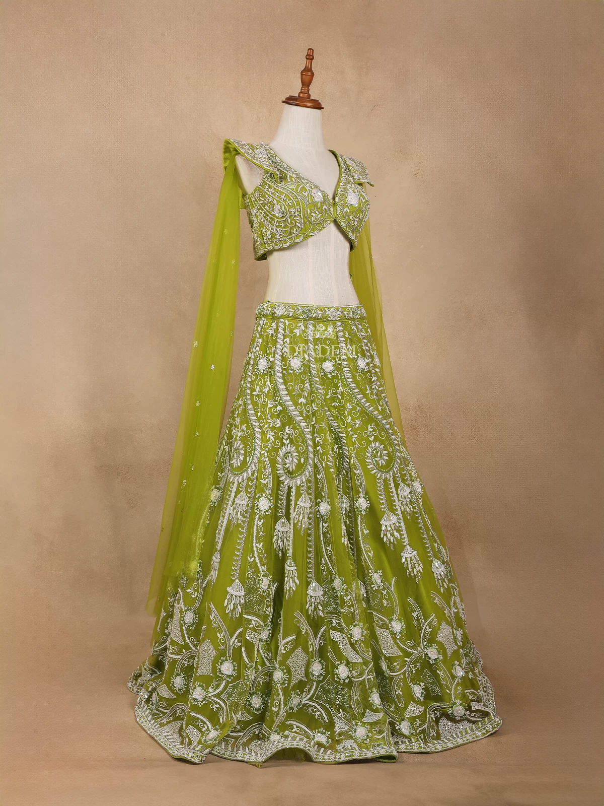 Green Lehenga Adorned With Sequins And Beads With 3d Flower Design With Dupatta