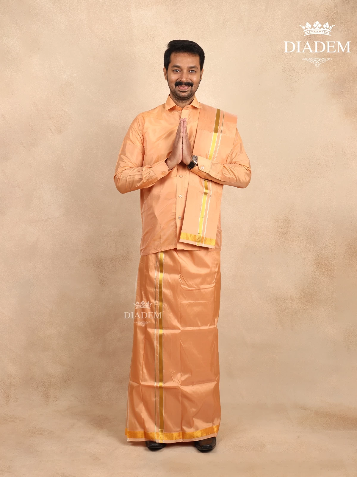 Light Copper Silk Dhoti with Shirt Paired with Towel