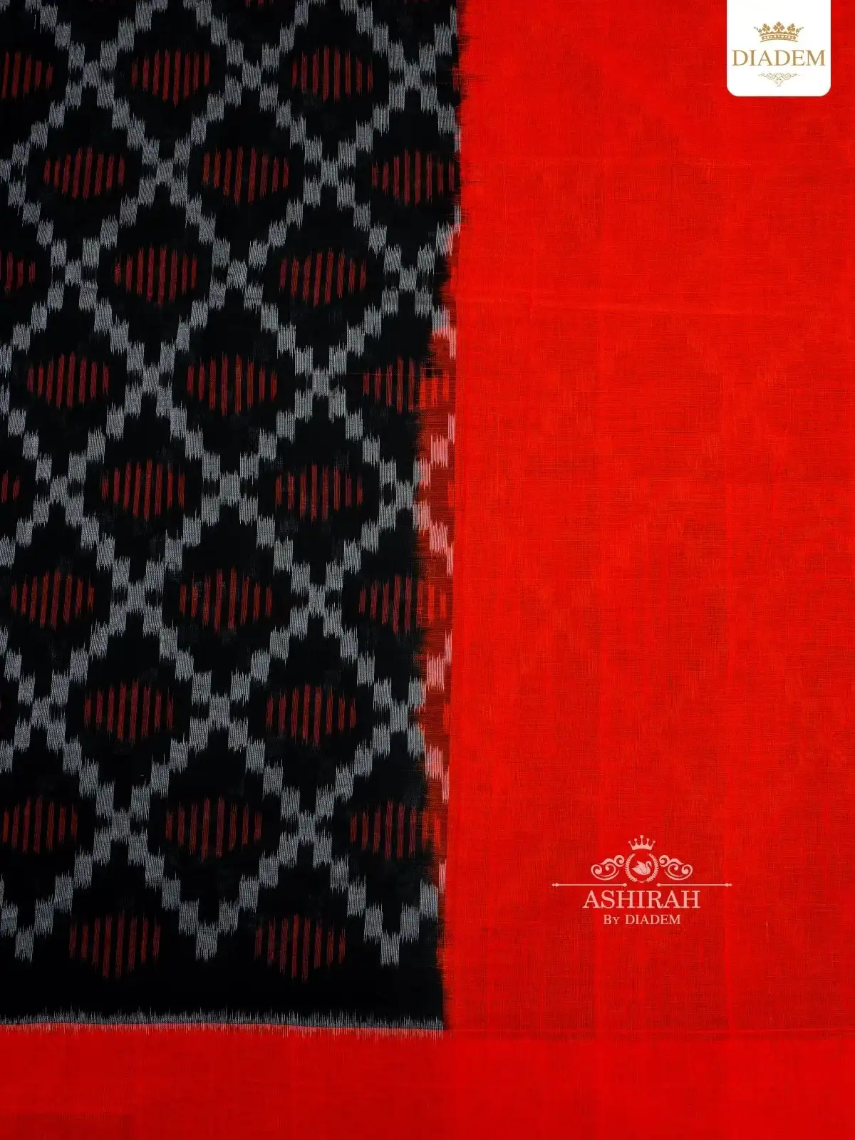 Black Cotton Saree With Ikkat Prints And Plain Border