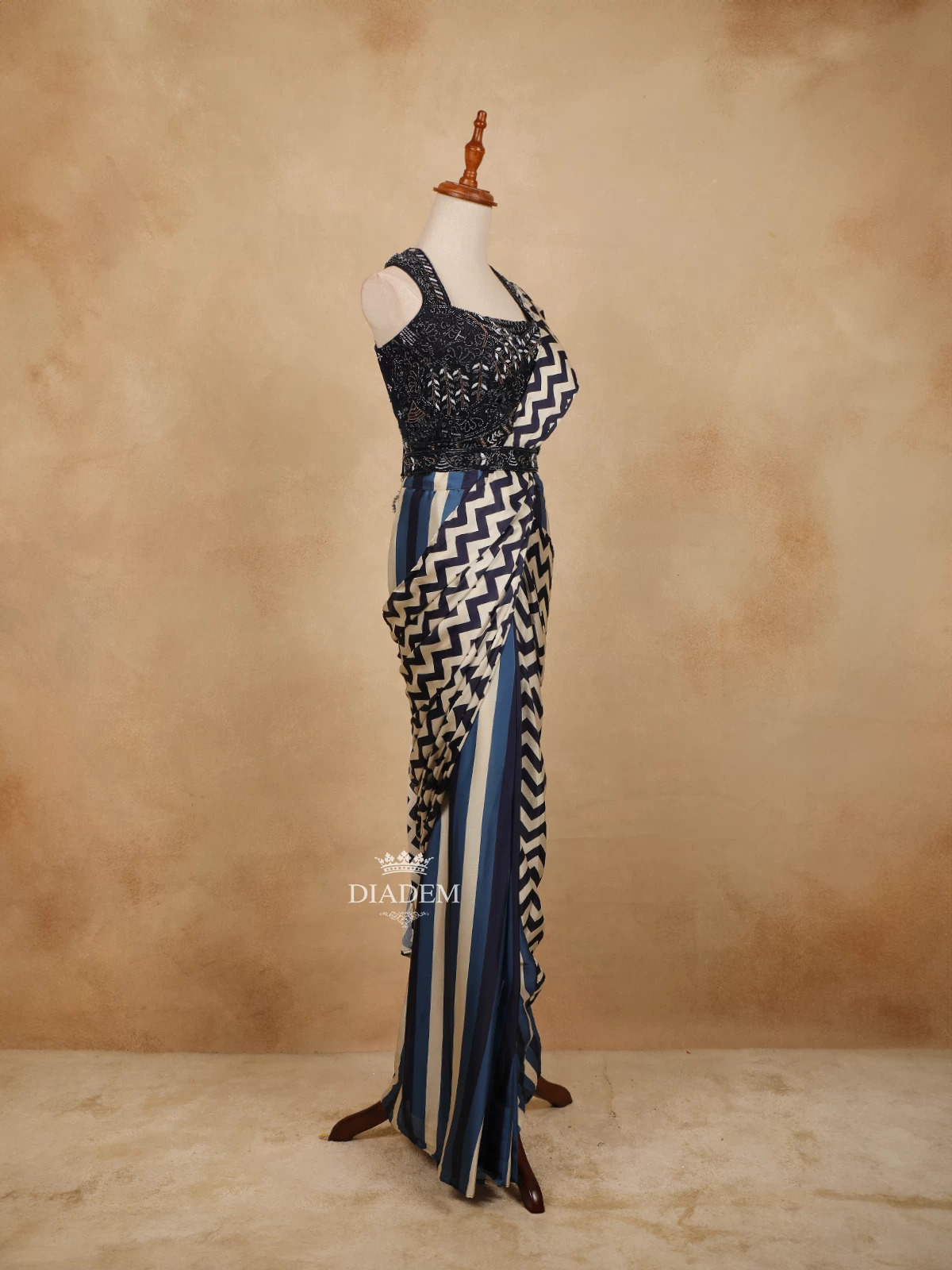 Black And Ivory Satin Saree With Chevron Prints On The Body And Designer Blouse With Waist Belt