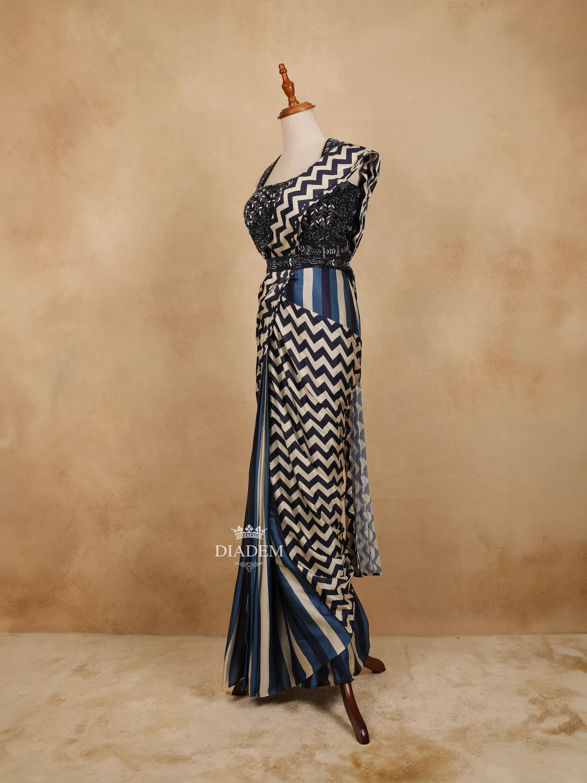 Black And Ivory Satin Saree With Chevron Prints On The Body And Designer Blouse With Waist Belt