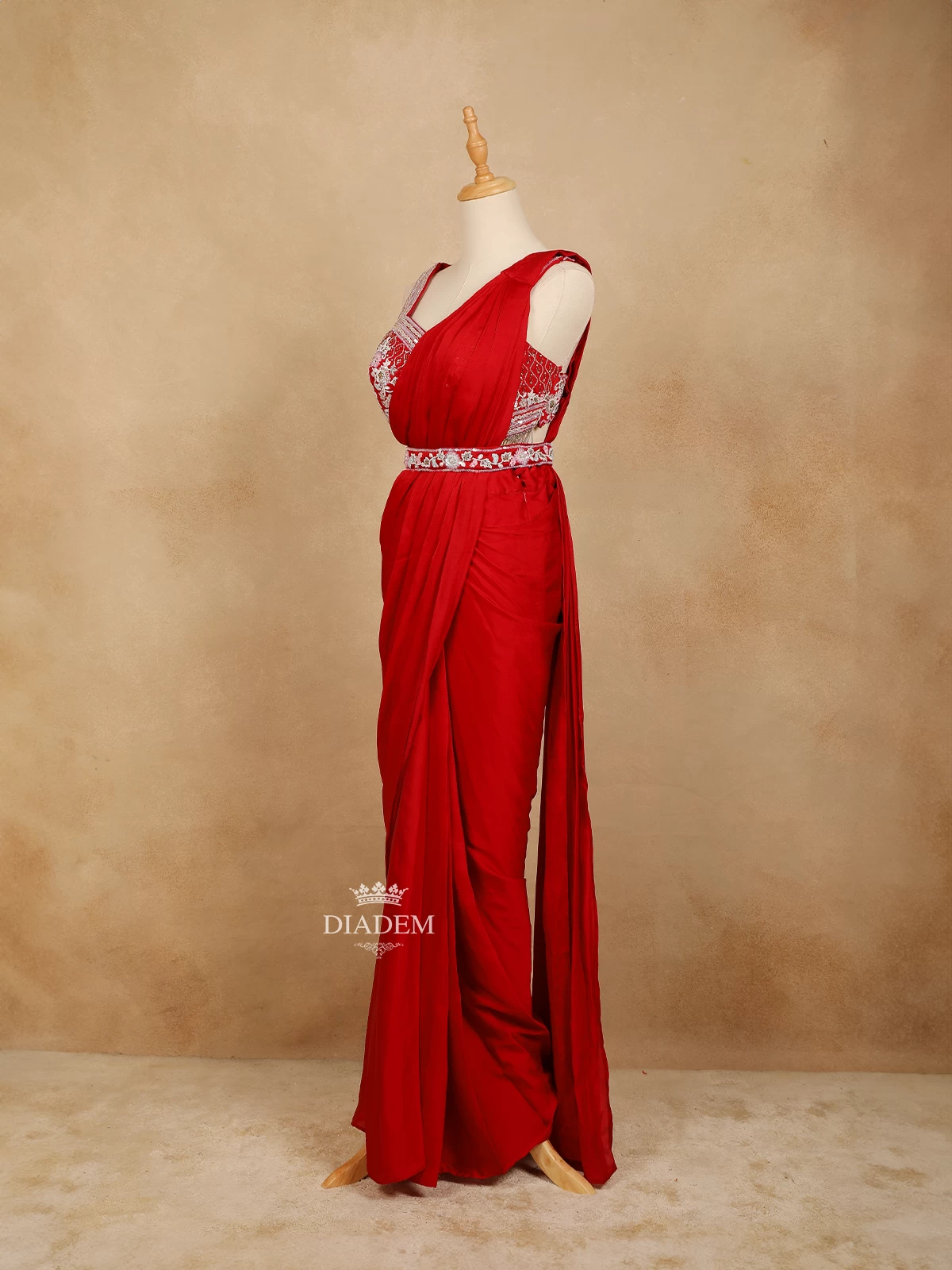 Red Satin Saree With Plain Body And Designer Blouse With Waist Belt