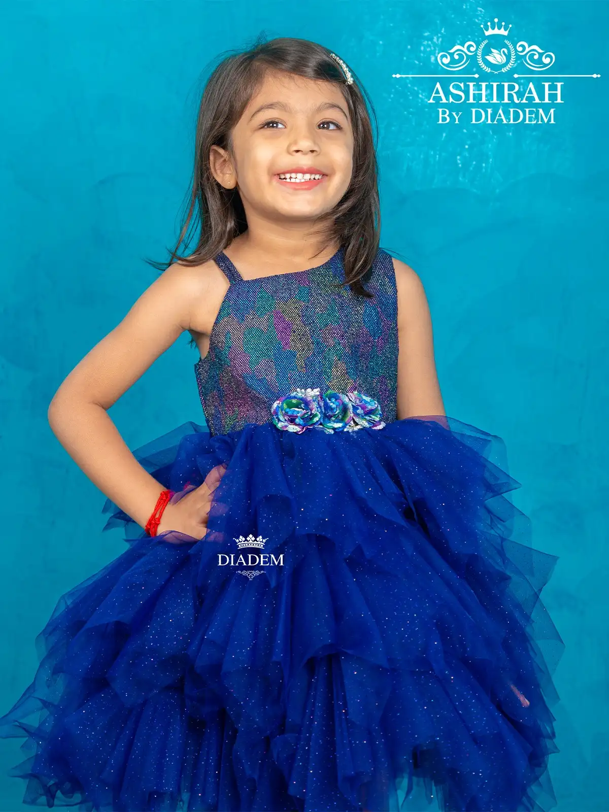 Ink Blue Net Frock Adorned With Shimmers And 3d Flowers
